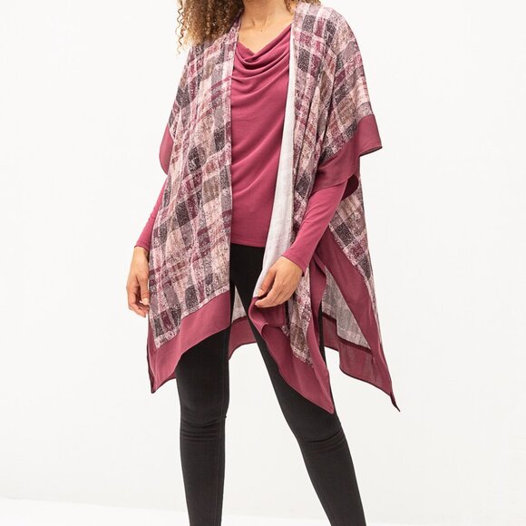 MYSTREE Burgundy Plaid Kimono Cardigan, Open Front Lightweight Layering Wrap - Picture 5 of 7